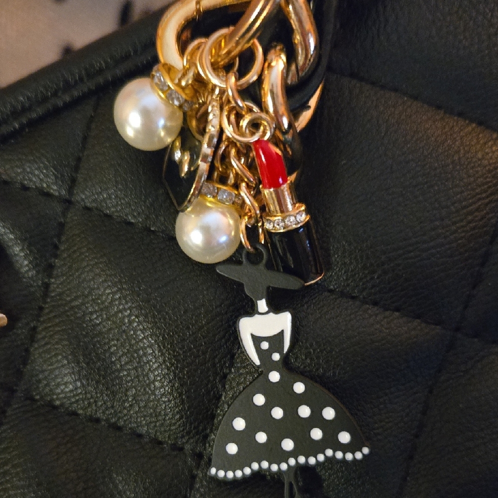 Bag Charm/Keychain Black and Gold With Lady and Lipstick With Pearl Charms